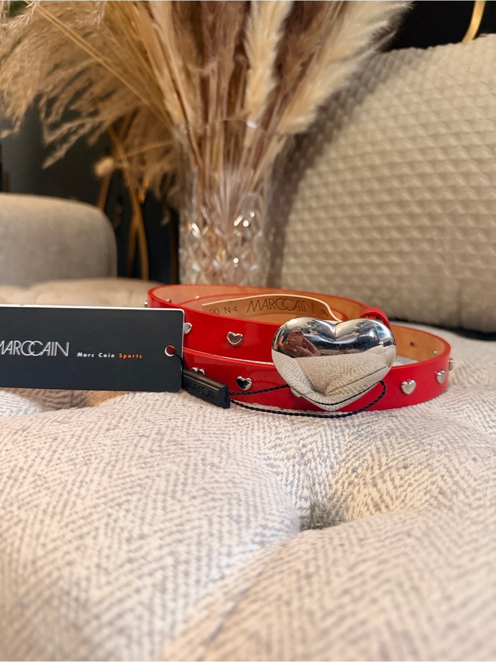 Marccain Red Patent Leather Belt with Silver Heart Buckle